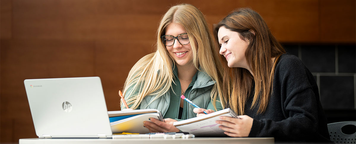 Two students studying and smiling with laptop