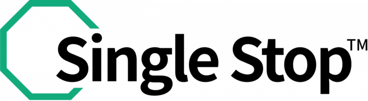 Logo with green octogon outline and words Single Stop