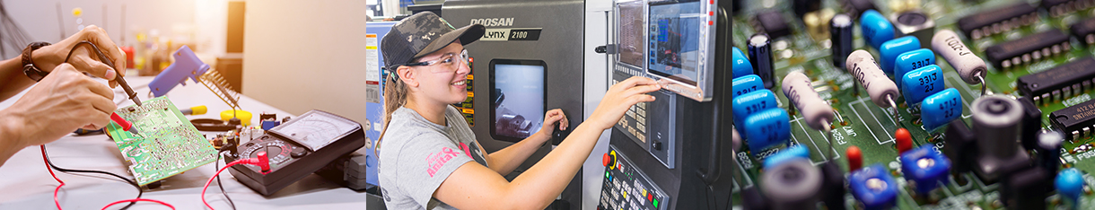 Montage of three images showing electronics and CNC programs