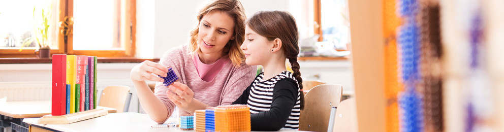 Teacher working with young student in a classroom