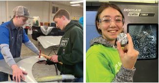 Collage - Two students working on metal; Student holding machined part